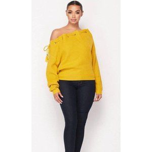 Honey Mustard Drawstring Off Shoulder Sweater